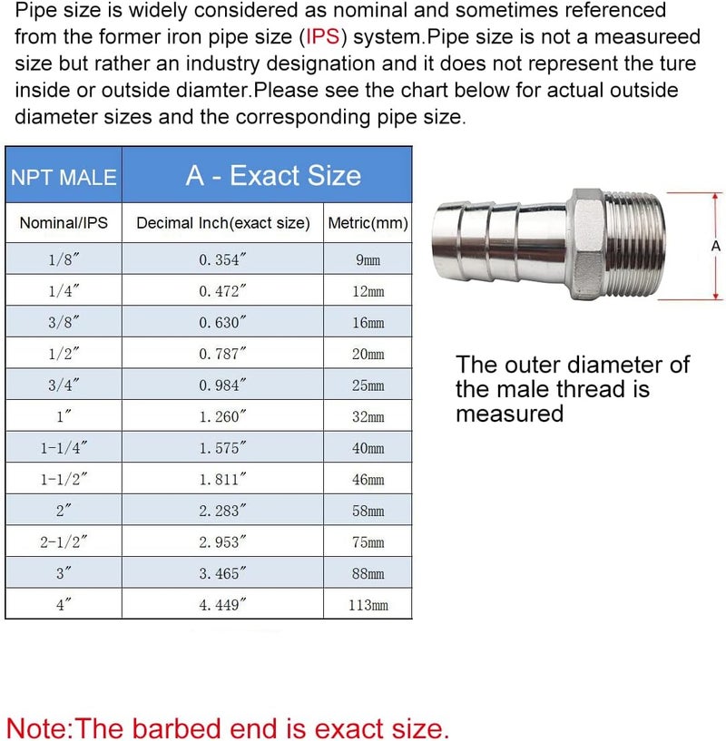 JENSWILL 1-1/2"(40mm) Hose Barb to 1-1/2" NPT Male Threaded- Stainless Steel Hose Fitting Connector Adapter Pipe Fitting Pack of 2 - Image 5